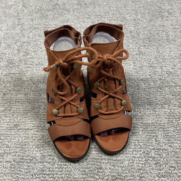 Sorel Sandals Women's 7.5 Nadia Teak Brown Orange Suede Lace Block Heel - Picture 2 of 10